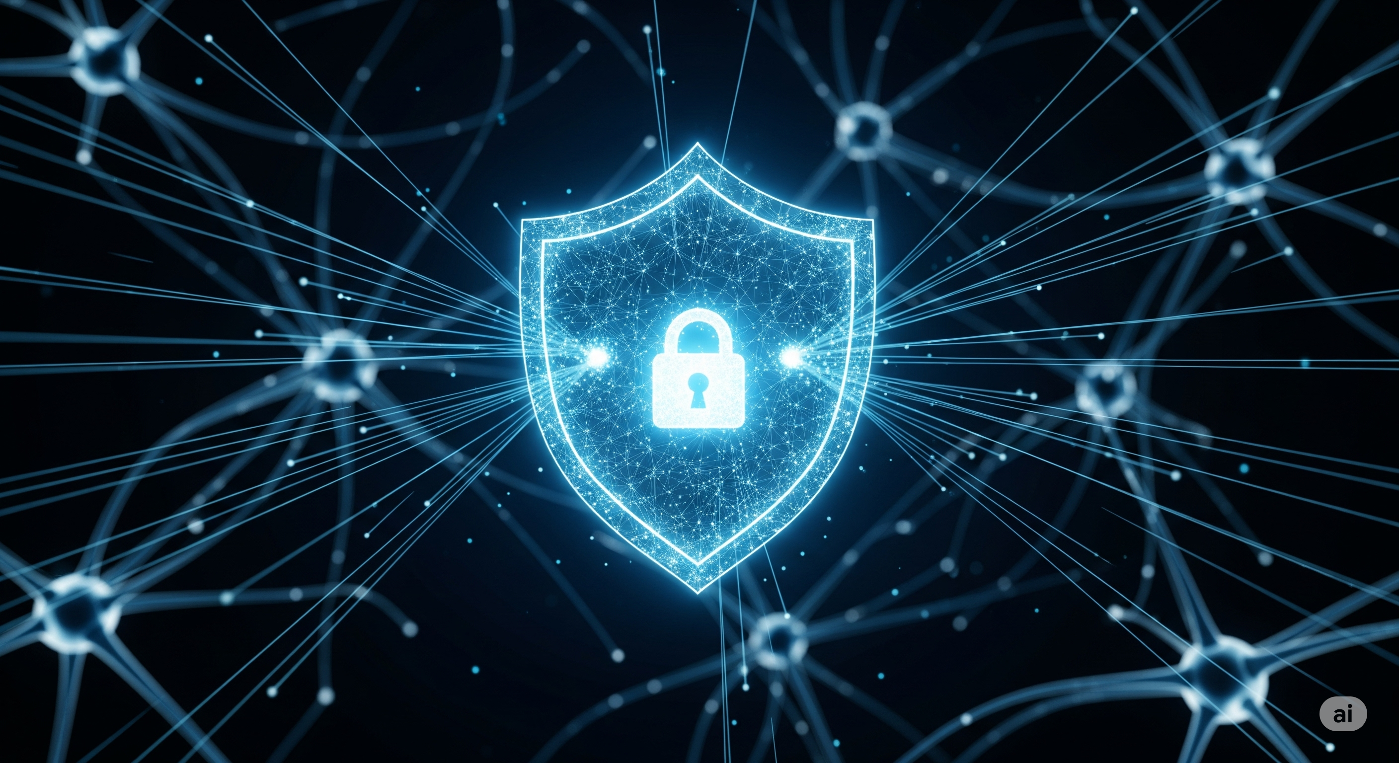 Ilustrasi jaringan saraf dan perisai keamanan digital