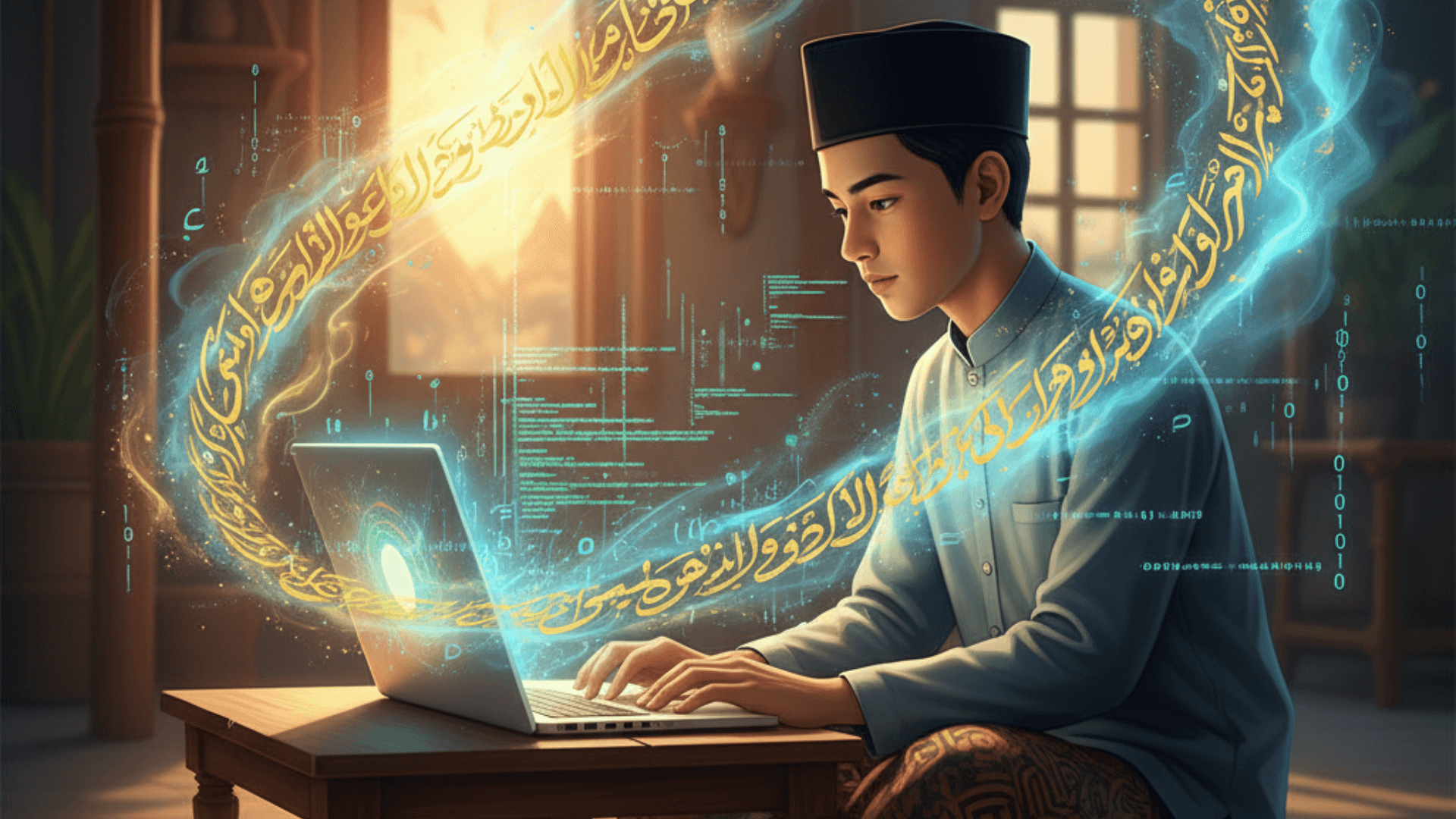 Ilustrasi pertemuan antara adab dan algoritma — santri dan laptop bercahaya